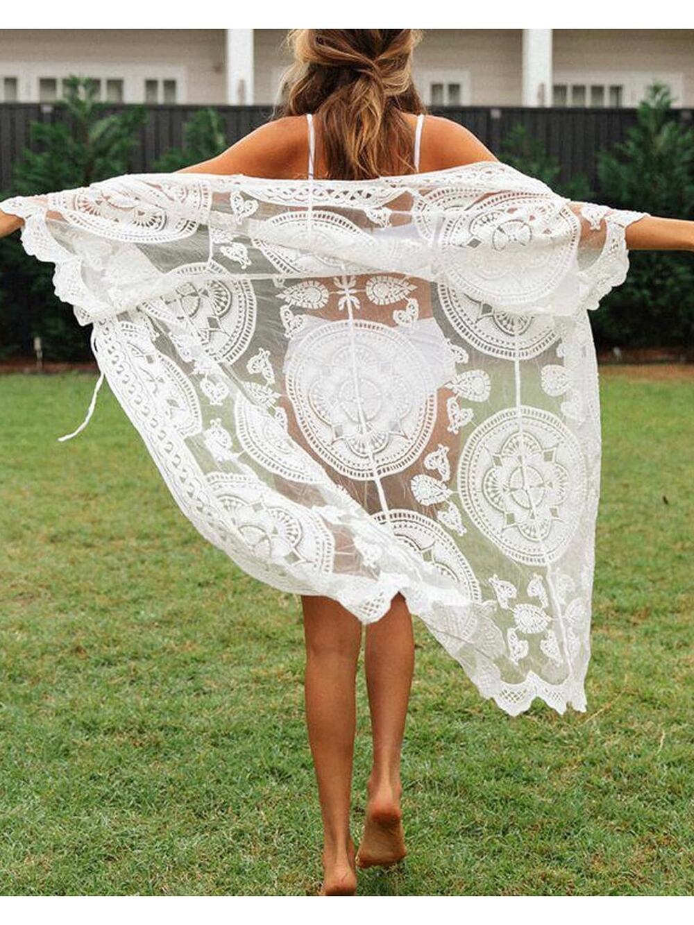 White Embroidered Lace Kimono Cover Up One Size Boho Festival Duster